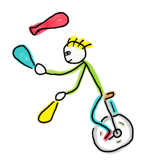 Hand drawn Unicycling Stickman Juggler design shows a guy riding a unicycle and juggling three clubs - as if either one of these skills wasn't hard enough. Fun unicycle image pays tribute to circus skills which teach coordination and balance.