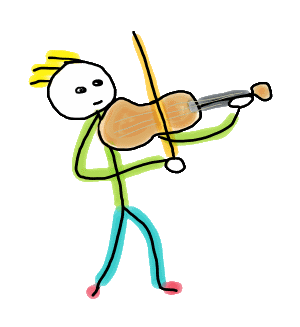 Hand-drawn Violin Stickman mid-performance with bold colors and playful motion. Featuring a giant brown violin, yellow bow, and expressive hair, this quirky design captures the joy of music in minimalist style. Perfect for violinists, orchestra fans, music teachers, and anyone who loves art that plays with personality.