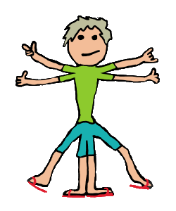 Vitruvian man with fleshy stick figure style, swimming trunks and flip flops