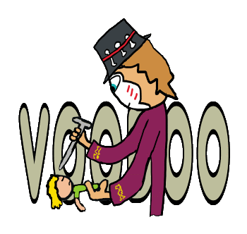 Voodoo Witch Doctor design shows a voodoo doll held in one hand and a pin in the other.  This is voodoo magic - a witch doctor practising good or bad, black or white voodoo to cure or hurt whoever the doll represents.