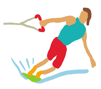 A fun Wakeboarding design shows a wakeboarder touching water as they lean into a turn at high speed.