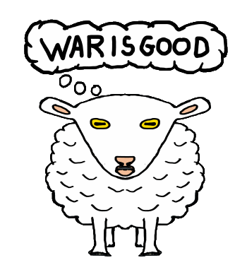 A provocative anti war design shows a sheep with a thought bubble saying 