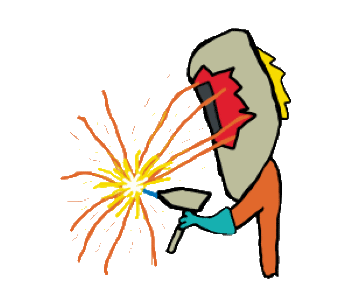 Welding or metalwork design shows welder with mask, gloves and hot sparks flying.ure