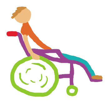 A funny and positive speedy wheelchair design showing a wheelchair and user in a cool graphic style.