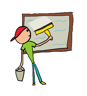 Window Cleaning design shows a hand drawn stickman window cleaner making those windows look perfect. A fun mage for a regular task.