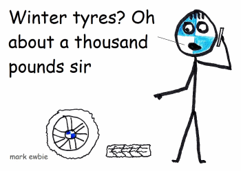 Cartoon shows BMW salesman explaining how much a set of winter tyres will cost