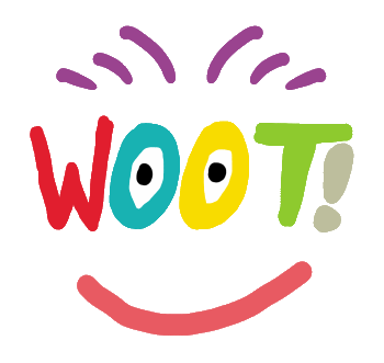 Woot! design features hand drawn colorful lettering with eyes for 