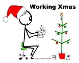 Stickman office worker wears Xmas hat and sits at a computer screen