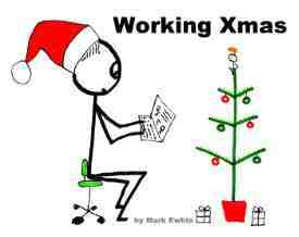 Stickman office worker wears Xmas hat and sits at a computer screen