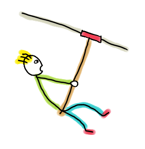 The thrill of ziplining shown in a fun hand drawn stickman design showing a zip wire rider travelling down the zipline cable at full speed with wind blowing in their hair. Don't look down!